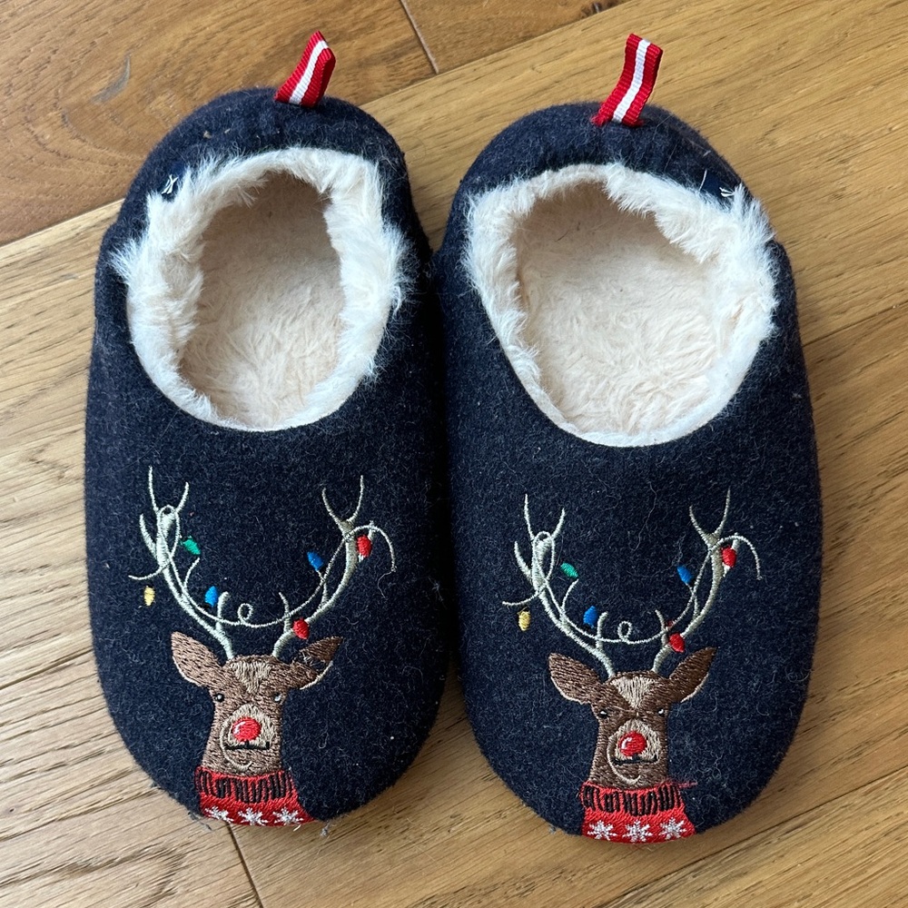 Joules Navy Kids Reindeer Slippers with Embroidered Lights